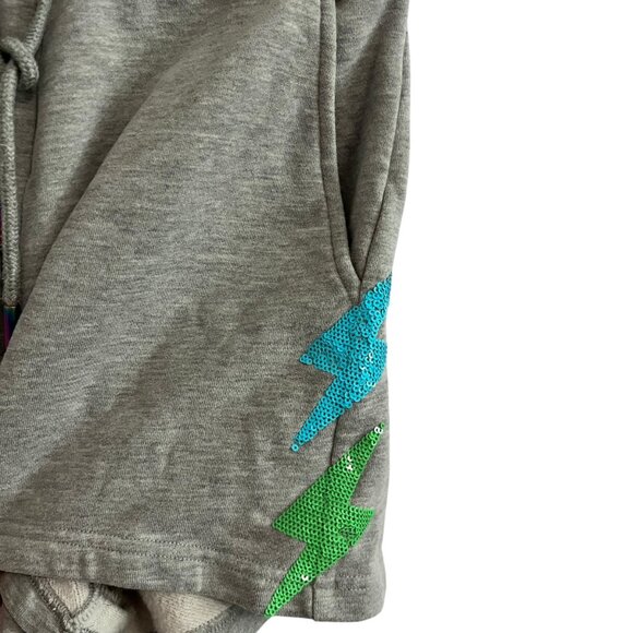 QUEEN OF SPARKLES KIDS SHORT XS GRAY LIGHTNING BLUE GREEN SEQUIN ELASTIC WAIST - Picture 3 of 7